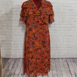 Boohoo Floral Chiffon Ruffle Short Sleeve Frill Faux Wrap Midi Dress Sz 14